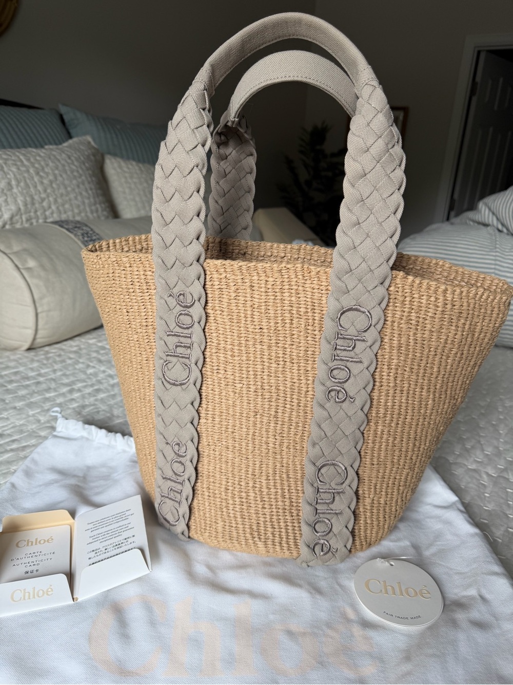 Chloe Woody Basket Canvas Braided Straw grey